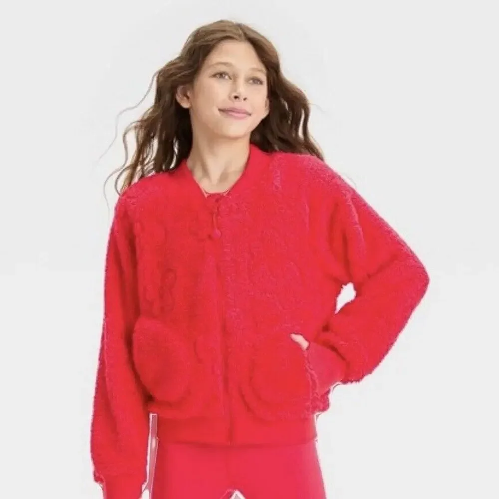 All in Motion Girls' XS (4/5) Fleece Sparkly Quilted Full Zip Soft‎ Red Jacket